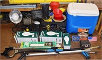 Lot: Igloo cooler, funnels, lights, 3 trash picker