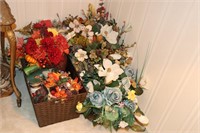 Lot of Artificial Flowers, Candles, Basket and