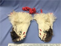Pair of fur mittens with leather palms and beadwor
