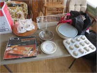 Tupperware, storage rack, muffin tins, misc.
