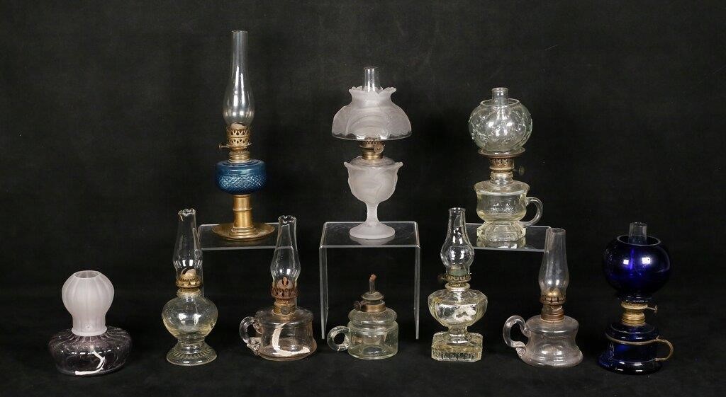 10 Miniature Oil Lamps Blue Glass