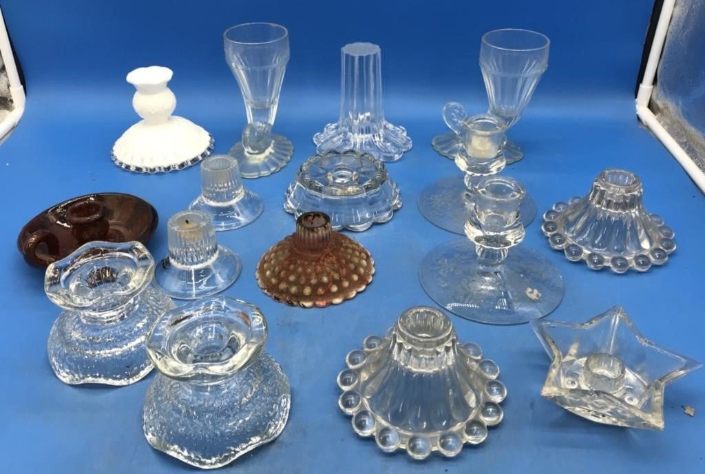 Lot Of Glass Candle Holders & Other Glassware