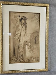 1920s Print of Woman in Ornate Gold Frame