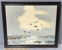 Ducks in Flight Oil Painting Arthur Maynard damage