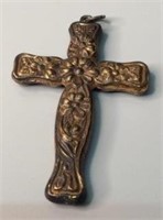 VTG Embossed  Floral Repousse Brass Tone Cross