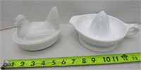 Milk Glass Chicken Dish & Juice Reamer