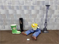 Garden boot, tall glass candle stand, garden pants