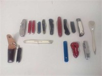 15 pocket knives, variety sizes and makers