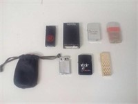 Lot of 7 Lighters and a leather carrying bag