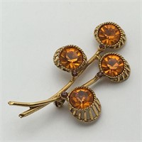 Goldtone Brooch With Orange Rhinestones