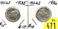 x2- Mercury dimes: 1935, 1936 -x2 dimes -SOLD by