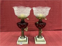 Pair of Etched Cranberry Table Lamps