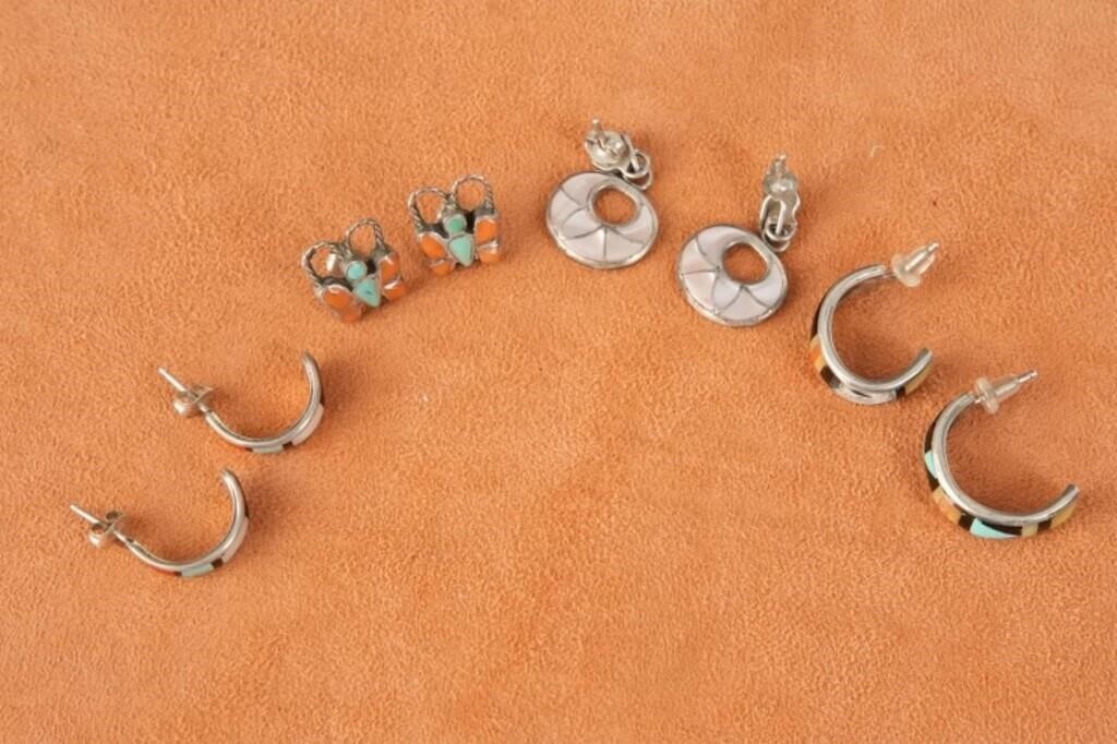 4 Pair Zuni sterling inlaid earrings