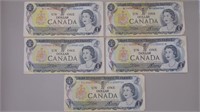 (5) 1973 Canadian $1 / One-dollar Bills