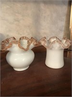 Pair of white with pink trim vases glass vintage
