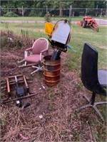 OLD ,METAL MAIL BOX, DRUM, THREE CHAIRS AND