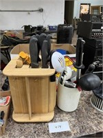 KITCHEN UTENSILS, KNIFES W/ KNIFE BLOCK AND MORE