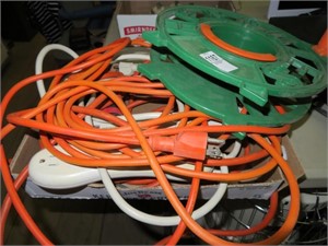 box of extension cords, reel, power strips