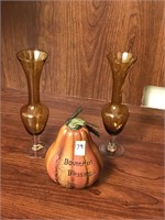 2 Amber Vases and Small Pumpkin