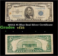 1953A $5 Blue Seal Silver Certificate Grades vf+