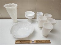 Vintage Milk Glass Goblets, Bowl, Vase, Pesistal