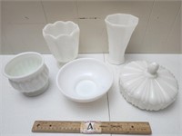 Milk Glass Conainers, Lidded Bowls, & Vases