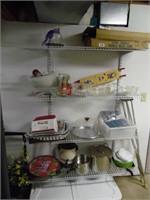 4 SHELVES OF DISHES, ETC