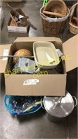 Box of pans, storage, bakeware, stockpot, misc