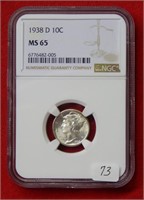 1938 D Mercury Silver Dime NGC MS65
