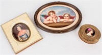 Art 3 Antique Miniature Paintings & Powder Box