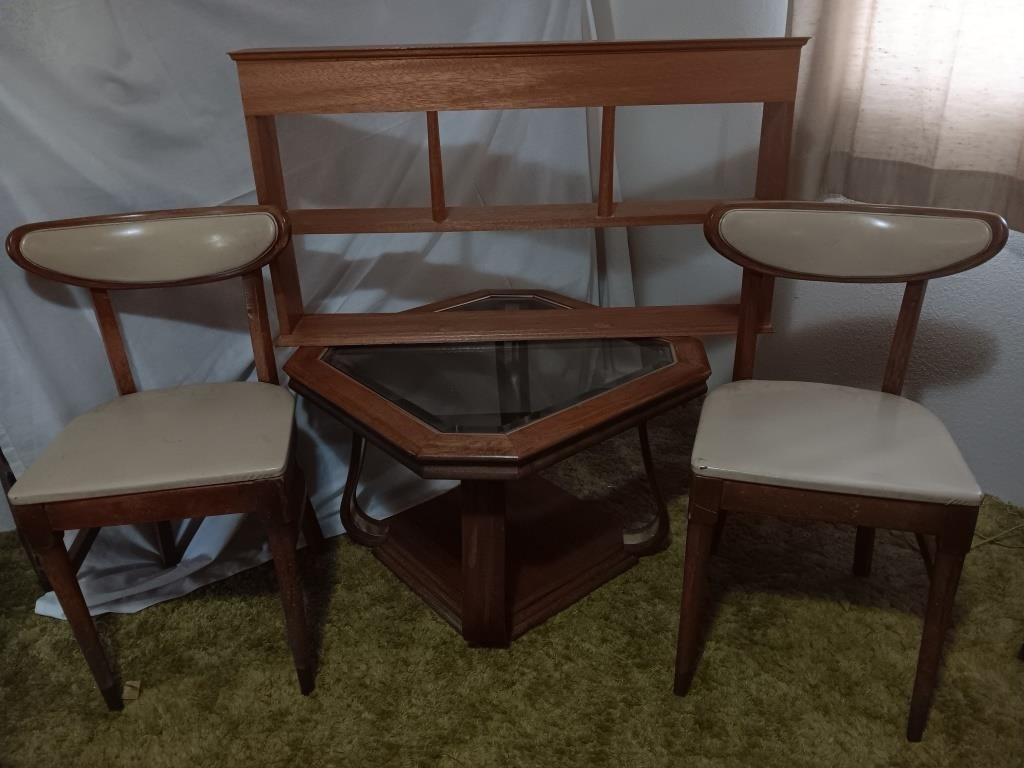 Glass Top End Table, Display Shelf,(2) Side Chairs