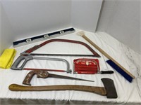 4 handheld saws, 1 wooden axe, 1level, 1