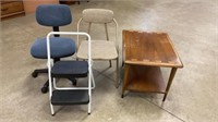 Vintage end table, stool  & chairs