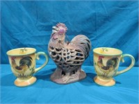 10" T Cast Iron Rooster Candle Holder & Large Mugs