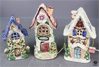 Glazed Ceramic Light-Up  Cottages & Candle Holder