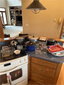 Pots, Glass Pans, Jars, & Pile of Kitchenware