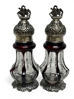 Sterling etched glass clipper ship salt and pepper