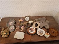 Metal picture frames, trinket box, candle holder,