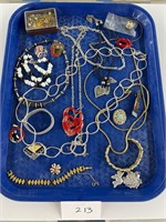 Tray lot costume jewelry - necklace pin earrings