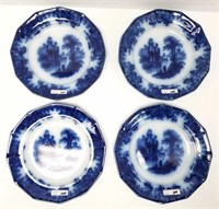 4 Flow Blue dinner plates marked Coburg