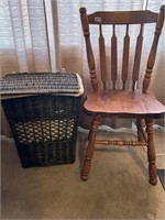 WOOD CHAIR AND WICKER HAMPER