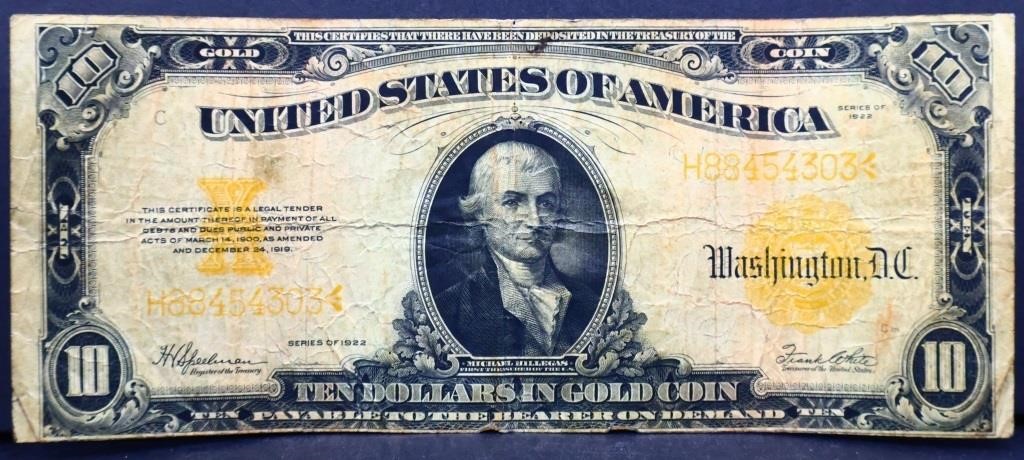 1922 $10 gold certificate note