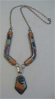 Navajo SS & Multi Stone Inlay Necklace -Hallmarked