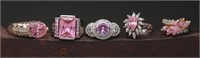 Sterling Silver Pink Stone Rings - 36.46g