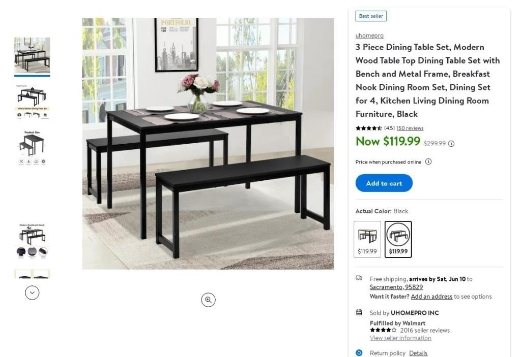 E7781  Black Dining Table Set with Bench