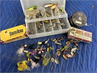 FISHING LURES AND FLYS AND REEL