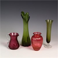 Three vintage Mid Century green vases, red creamer