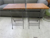PAIR METAL AND RATTAN FOLD UP TABLES