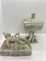 Set Of Angel Cherub Ceramic Trinket Box&Pedestal