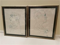 Set of two pen caricatures in frames
